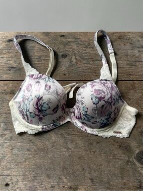 Rosie for Autograph Silk Blend White & Purple Floral Bra 34B Lace Trim